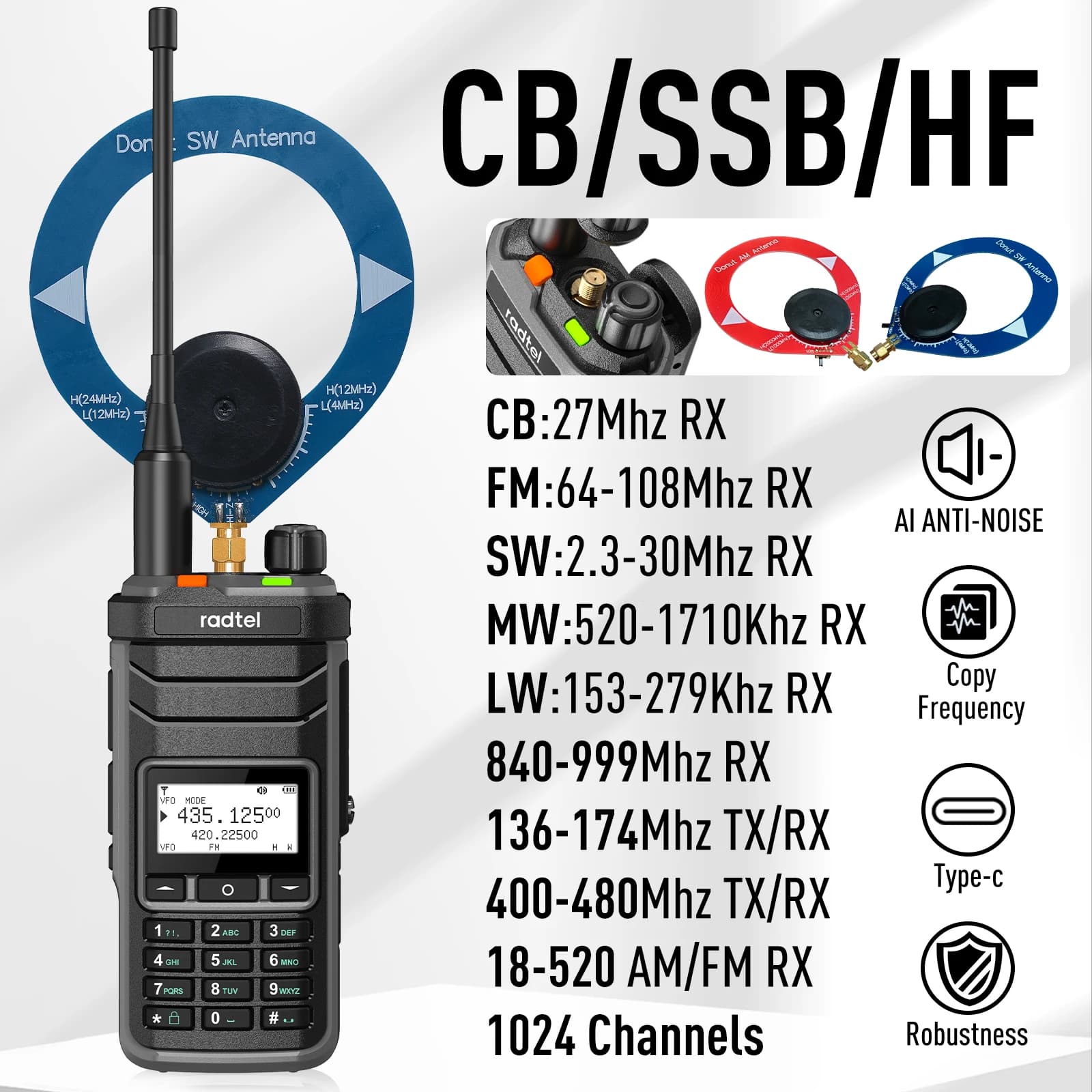 Radtel RT-860 Multi Band Ham Radio HF UHF VHF Dual Band with AM USB LSB CW CB LW MW SW SSB Reception, 1024 Channels, 2000mAh Bat