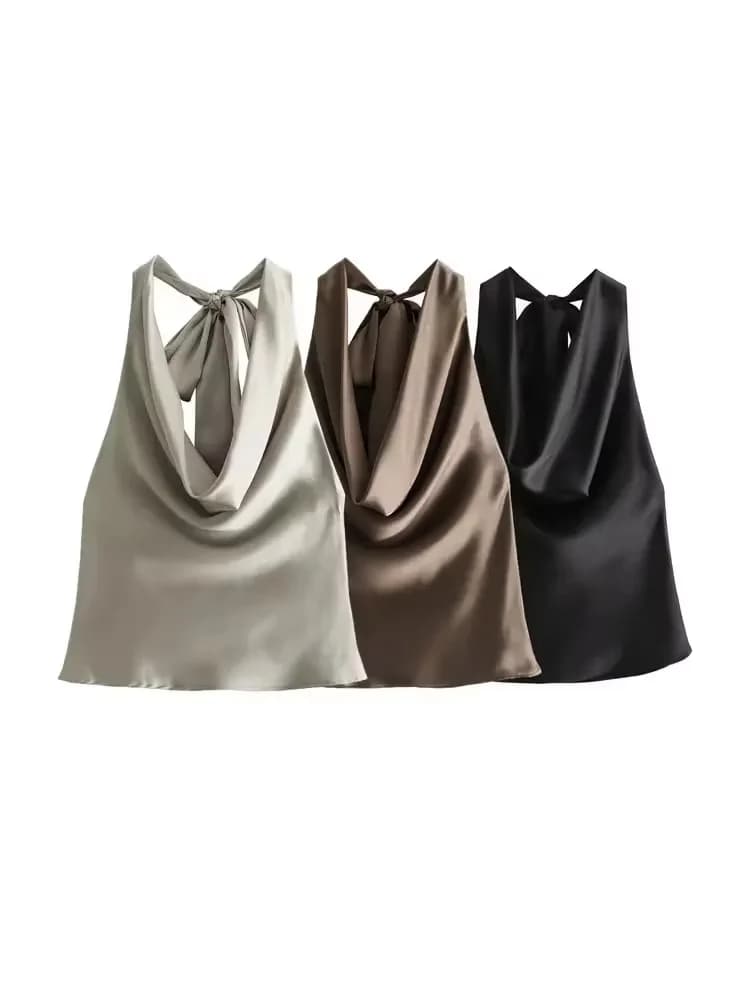TRZA-Women's Flowing Draped Halter Neck Tank Tops With Bow Tied, Backless, Sleeveless, Female Camis, Sexy, Fashion