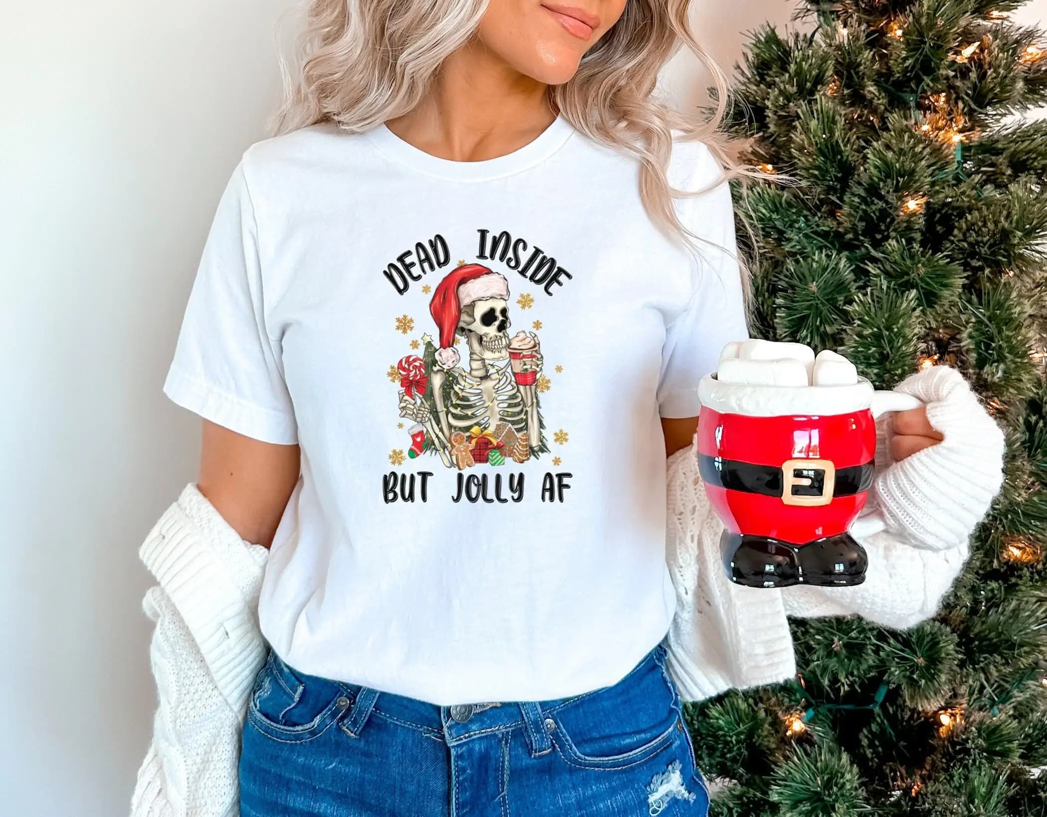 Dead Inside But Jolly Af T Shirt Funny Christmas Sarcastic Skeleton Clothing S