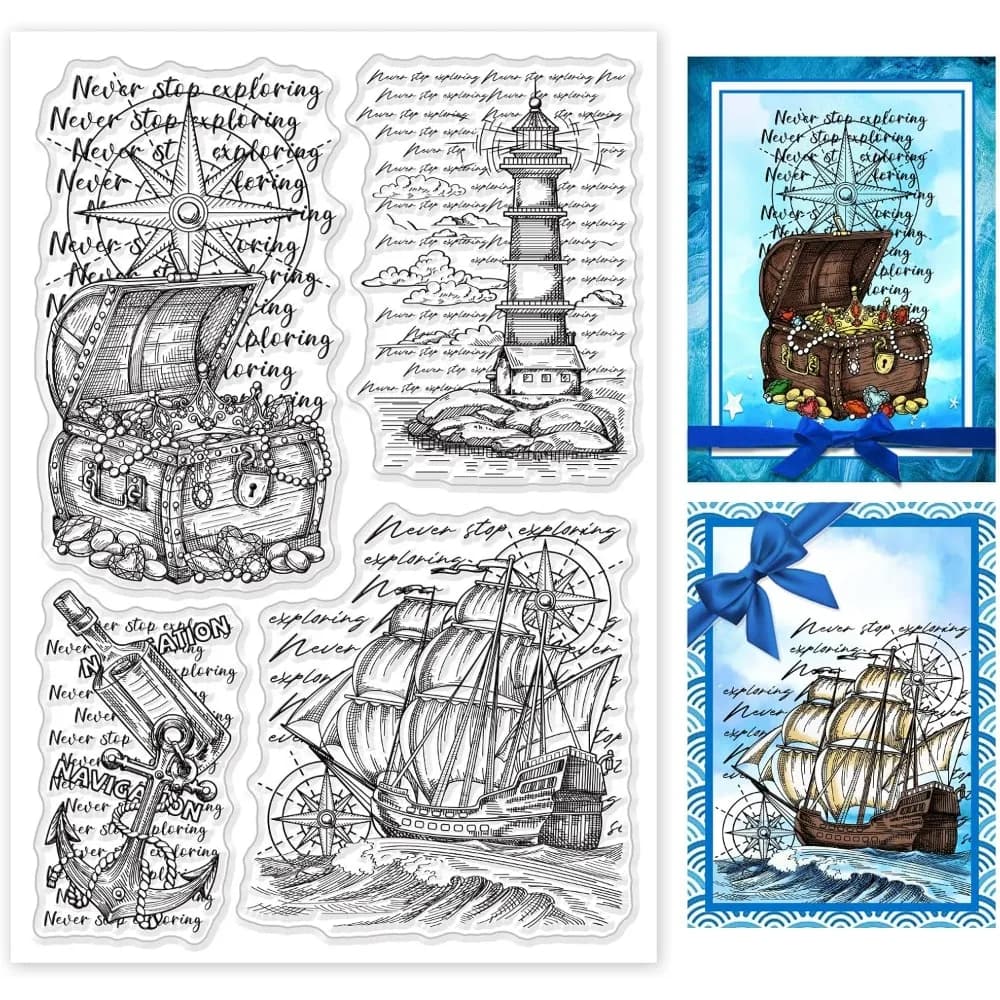 Nautical Theme Clear Stamp Treasure Chest Rubber Stamp Lighthouse English Background Silicone Stamp Anchor Sailing Boat
