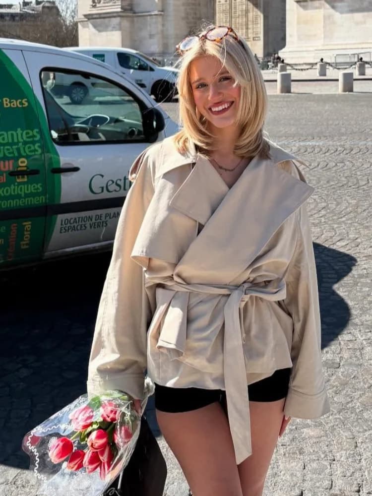 Women Lace Up Windbreak Coat Fashion Lapel Full Sleeve Pocket Slim Fit Cropped Coat Lady Spring Casual Office Commute Outwear