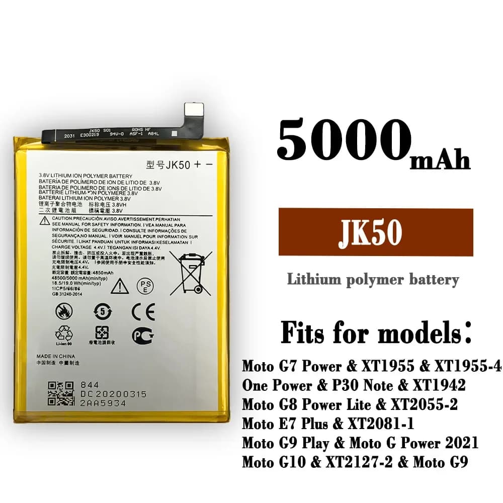 5000mAh  JK50 Battery For Motorola MOTO G7 Power One Power/G8 Power/E7 Plus/G9 Play/P30 Note/G9 Play/G10 Phone Batteries