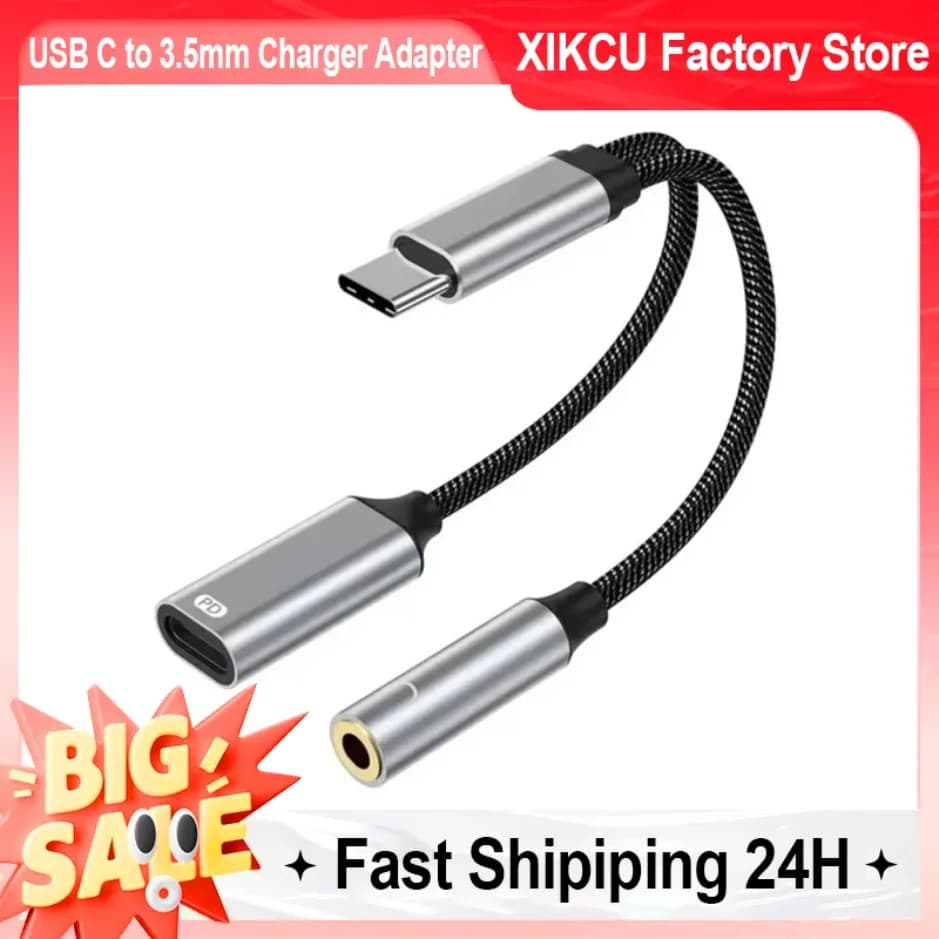 XIKCU 2 in 1 USB C to 3.5mm Headphone and Charger Adapter USB C PD 3.0 Port to Aux Audio Jack Fast Charging Dongle Cable Cord