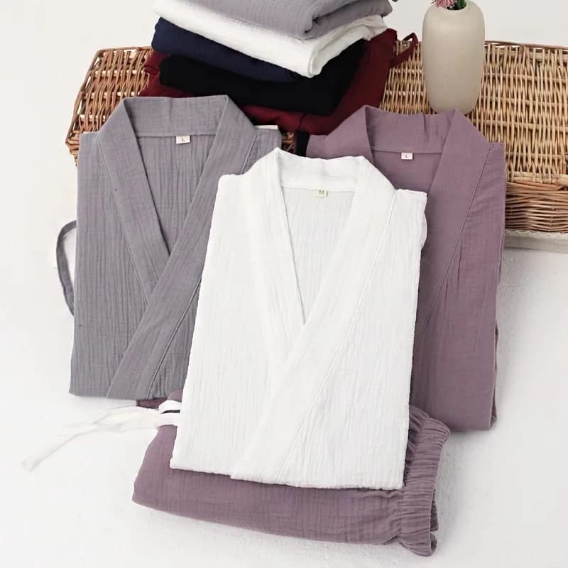 Pajamas Kimono Set  Japanese Style Yukata Cotton Crepe Linen Robes Chinese Hanfu Pyjamas Bathrobe Sleepwear Thin Plus Size