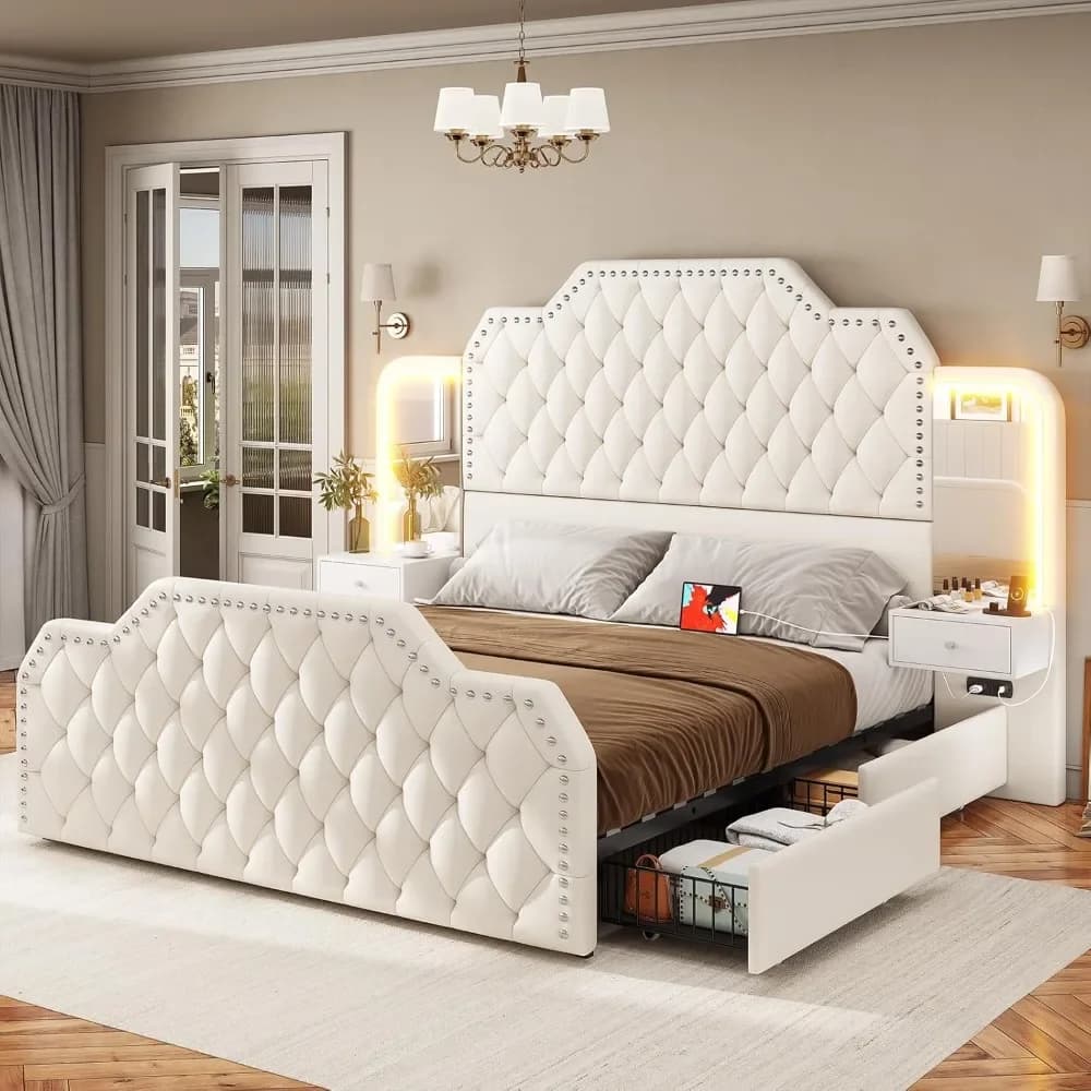 Queen Bed Frame with Headboard and 4 Storage Drawers, Leather Upholstery, Charging Station and LED, 2 Bedside Tables, Bed Frame.
