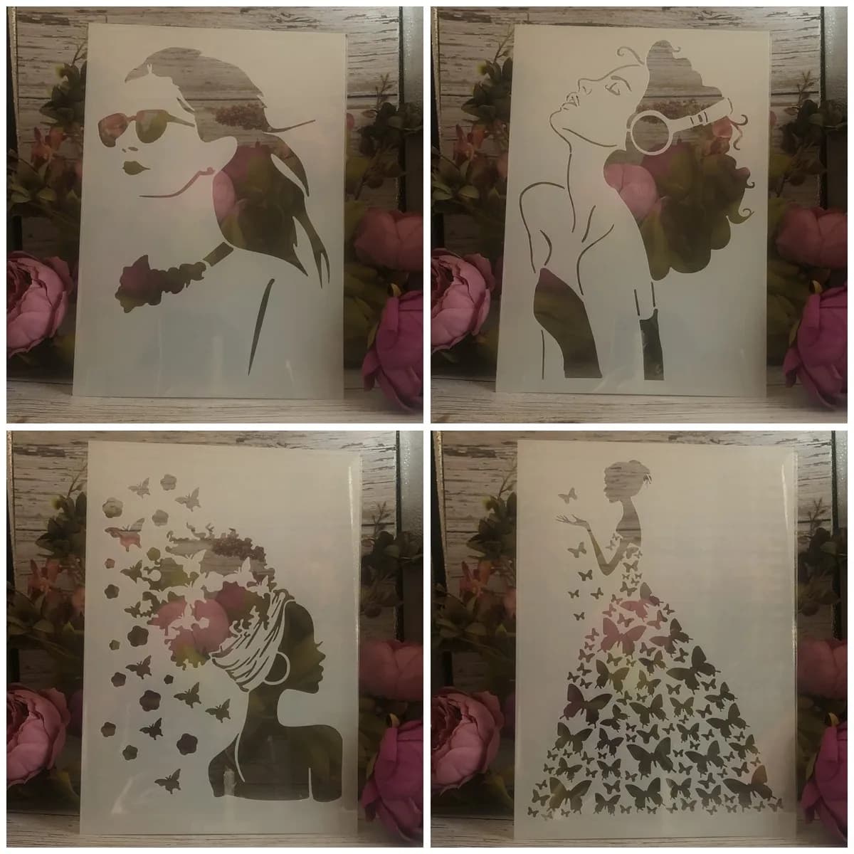 4Pcs A4 29cm Fashion Beauty Girls Butterfly DIY Layering Stencils Wall Painting Scrapbook Color Embossing Album Decor Template