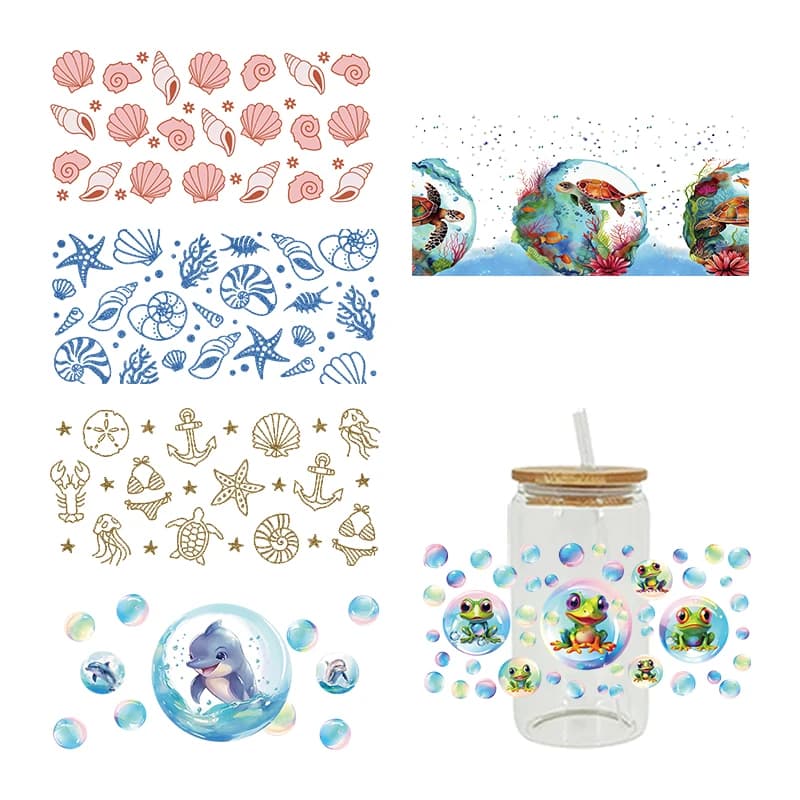 3D UV DTF Transfers Stickers, 16oz, Cup Wraps, Marine Animal Printed for DIY Glass Ceramic Metal Leather, Etc D6201