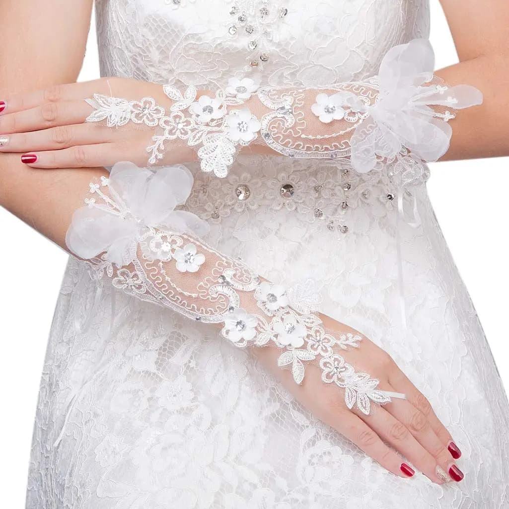 Bridal Gloves Fingerless for Wedding Ivory White Floral Rhinestone Lace Short Party Prom Tulle Crystal Ladies Girls