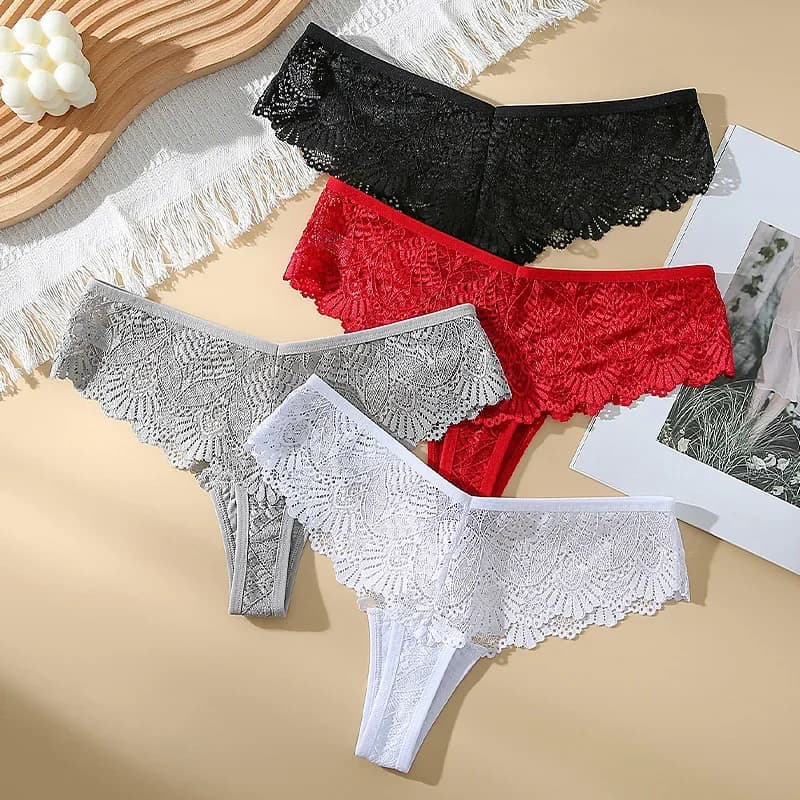 4pcs Fashion Sexy Panties Comfortable Briefs Exquisite Crotchless Shorts Solid Lingerie Sexy Lace Hollow Out Underwear Women