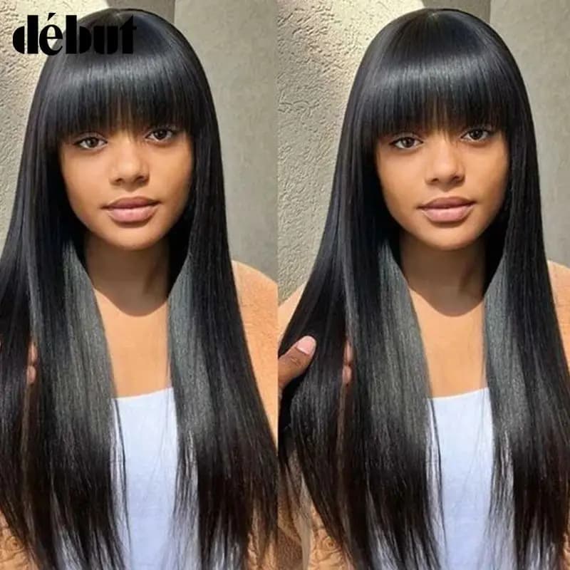 Debut Straight Human Hair Wigs With Bangs Natural Color Brazilian 100% Remy Long Human Hair Wigs Hair Full Machine Made Wigs