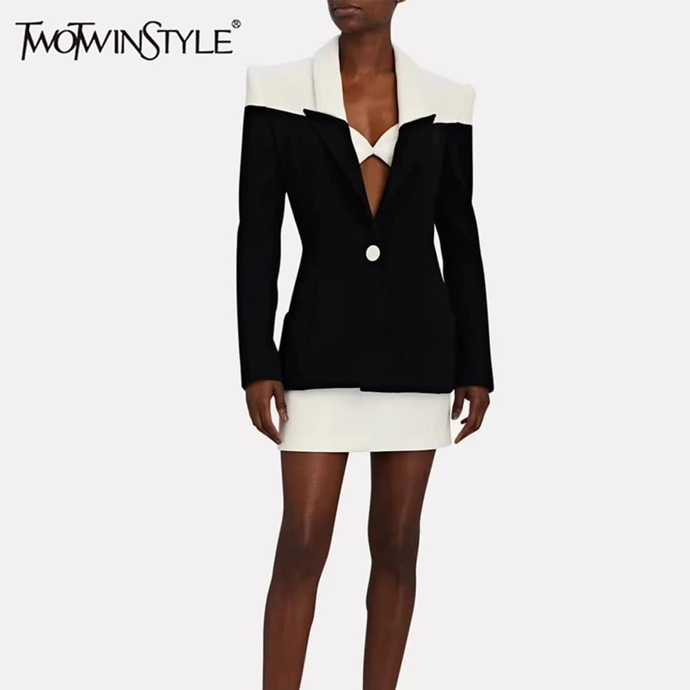 TWOTWINSTYLE Hit Color Two Piece Set For Women Notched Collar Long Sleeve Blazer High Waist Mini Skirt Temperament Sets Female