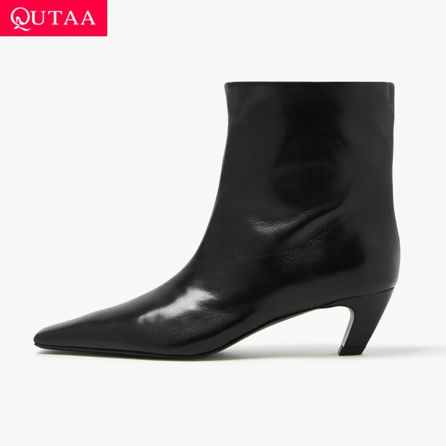QUTAA 2025 Women Ankle Boots Fashion Cone Heel Metal High Heels Genuine Leather Square Toe Autumn Winter Boots Shoes Size 34-39