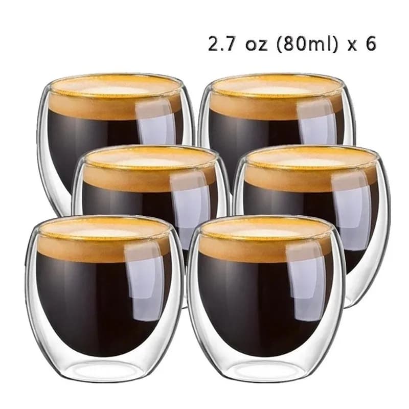 6pcs,80ML Glass Coffee Mugs,Double Wall Glass Coffee Cups,Insulated Espresso Cups,Cold Drinking Wine Shot Glasses,Tea cups