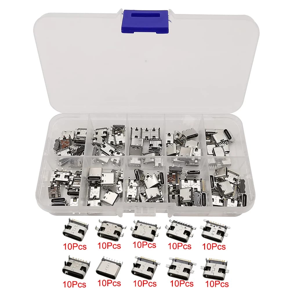 100Pcs/Box Type-C USB Female Charging Socket Connector 6Pin 16Pin PCB Soldering DIY Repair Type C Jack Charger Adapter