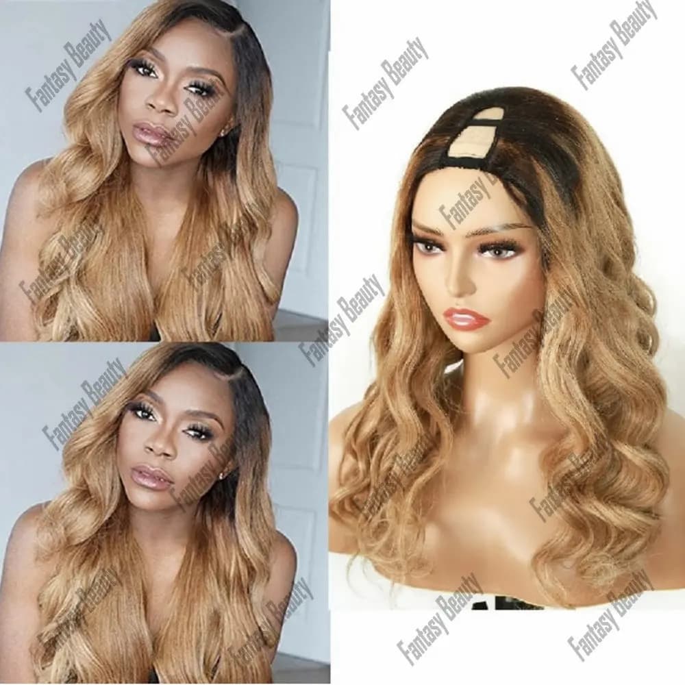 180% Density Black Root Ombre Honey Blonde Color U Part Wigs Remy Human Hair Body Wave for Women  No Glue 1*4 V Part Wigs