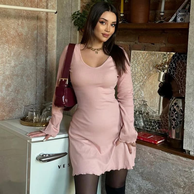 Lygens O Neck Long Sleeve Rib Solid Mini Dresses Y2K Streetwear Wholesale Elegant Outfit Ladies Summer Casual Women Clothes