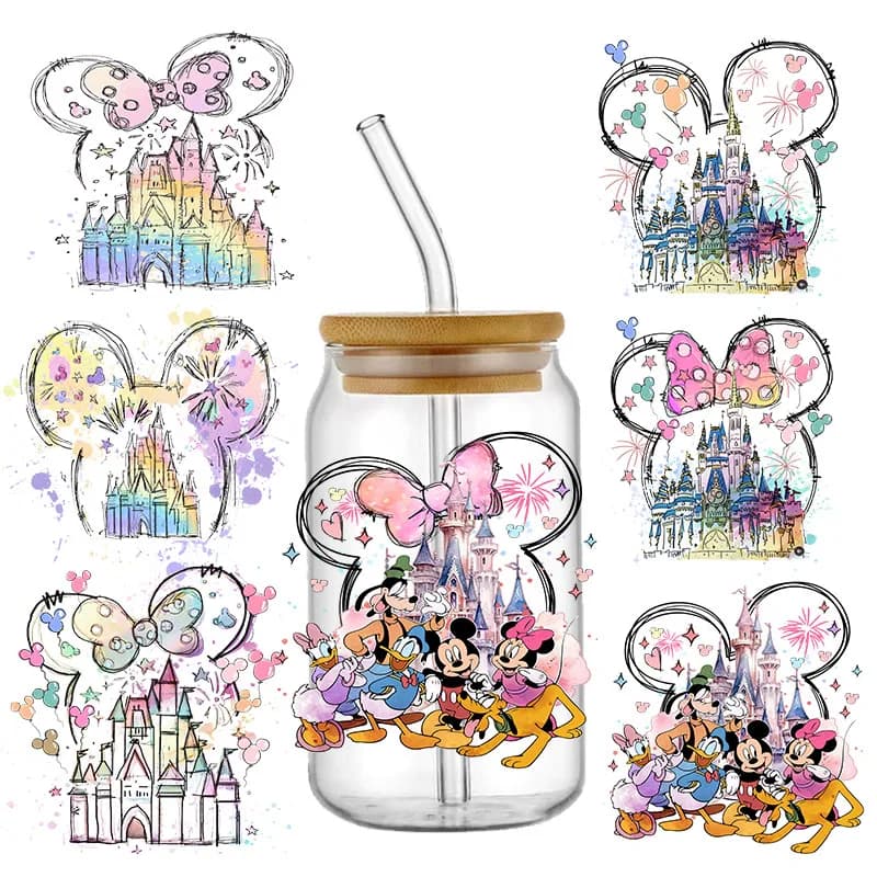 Disney Mouse Ear Castle Princess UV DTF Sticker for 16oz 20oz 10oz Cup Wrap Decal Transfer Sticker Label DIY Logo Self adhesive