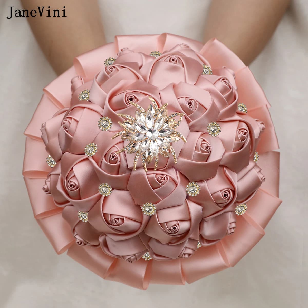 JaneVini Elegant Nude Pink Flowers Bridal Bouquets Bling Golden Diamond Artificial Satin Roses Bridesmaid Bride Wedding Bouquet