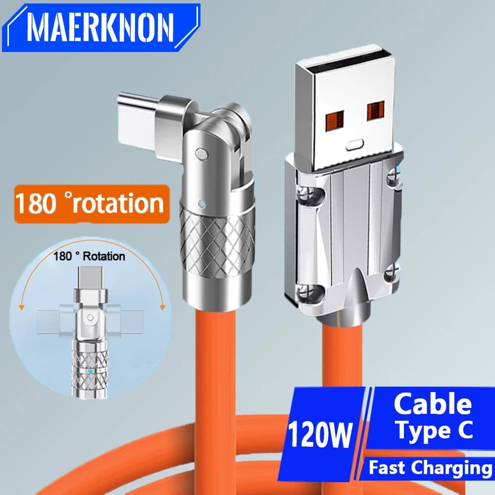 120W USB Type C Cable 180° Rotating 6A Cable Fast Charging Data Cable For Huawei Samsung Xiaomi iPad Data Line PD USB To Type C