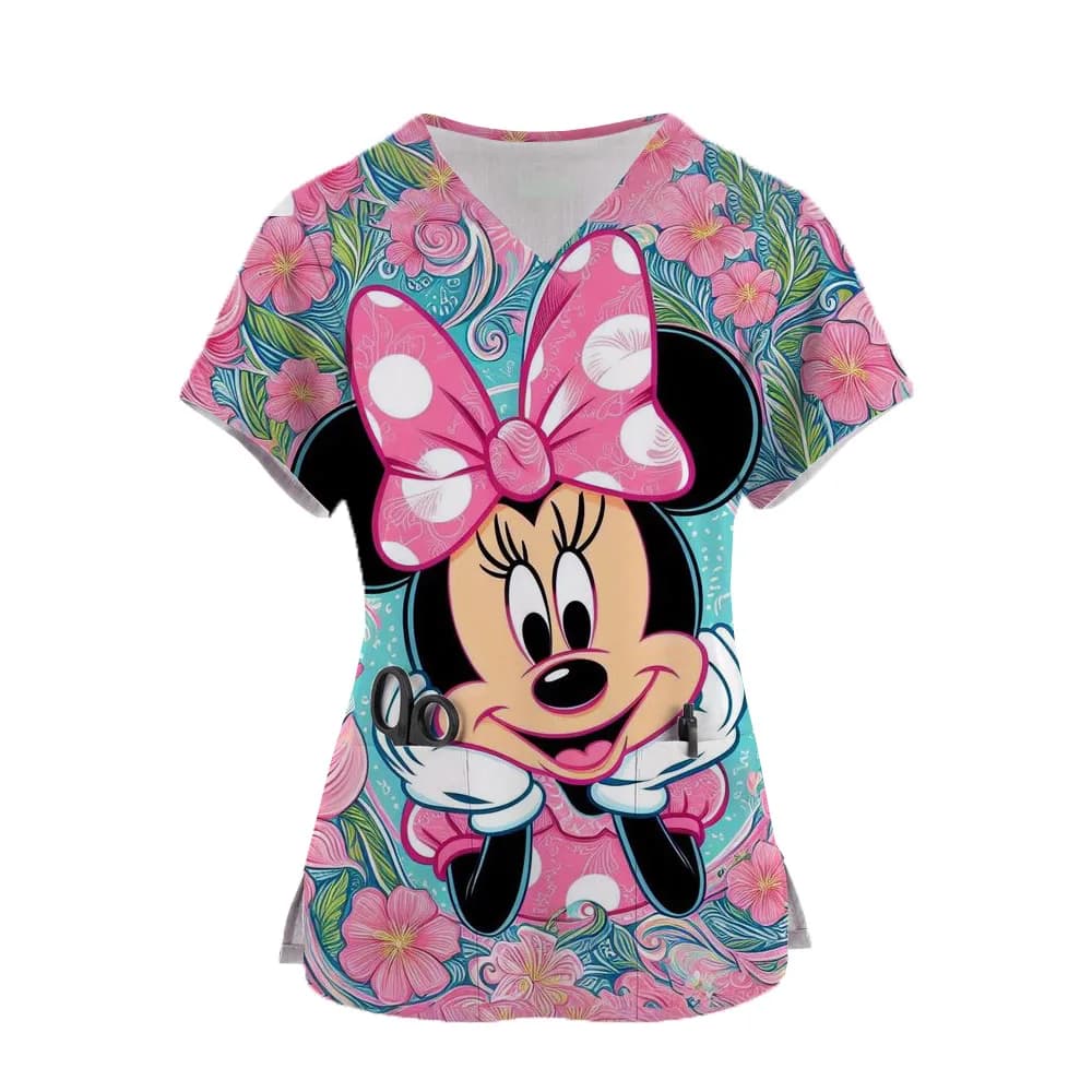 Hospital Working Uniforms Medcine Minnie Mickey Mouse Print Nursing v-neck Blouse Dental Clinic Uniform Medical Nurse Scrub Tops