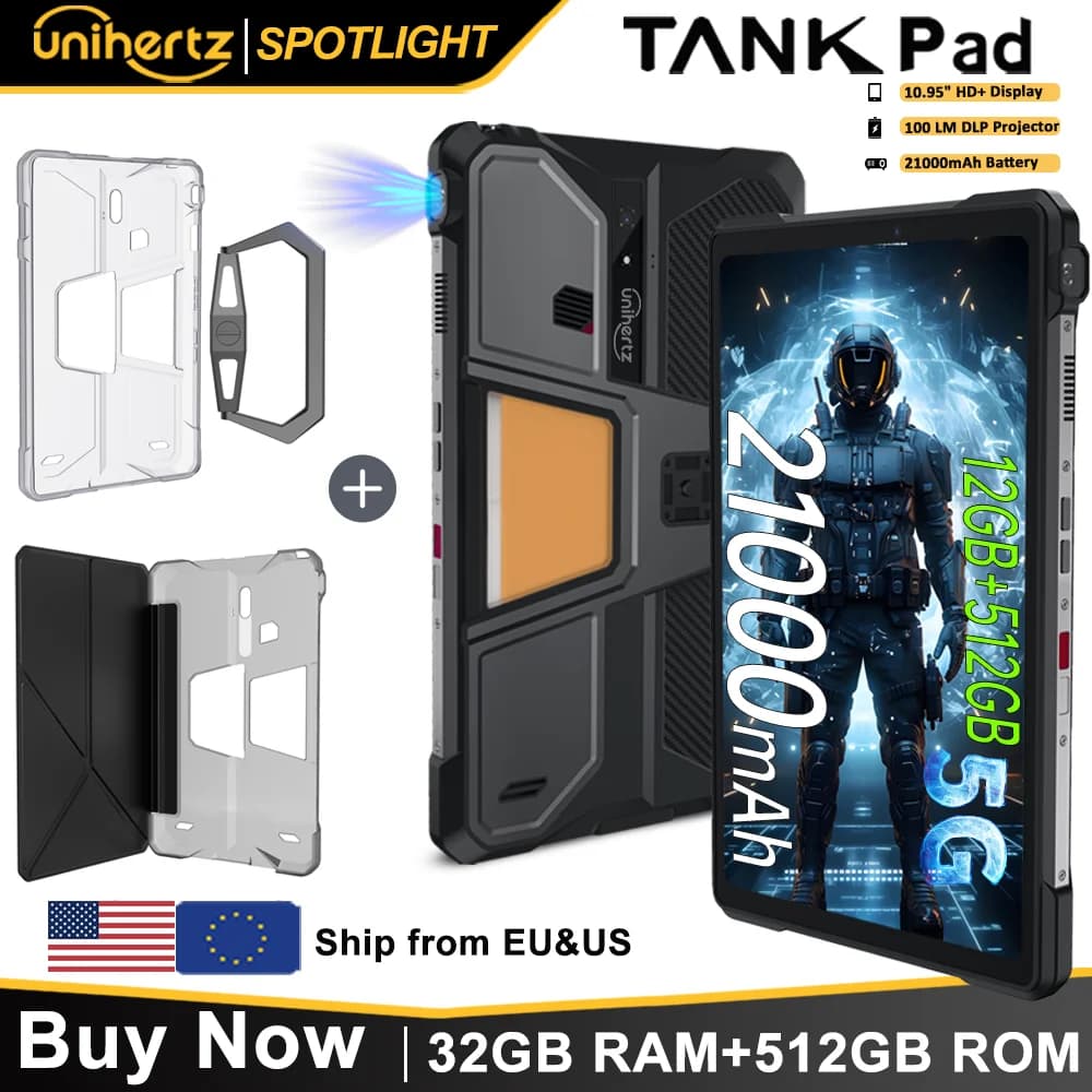 Unihertz Tank PAD 8849 Rugged Projector Phone Tablet Android 32GB 512GB 21000mAh 10.95" FHD Dual Speaker Waterproof Tablet