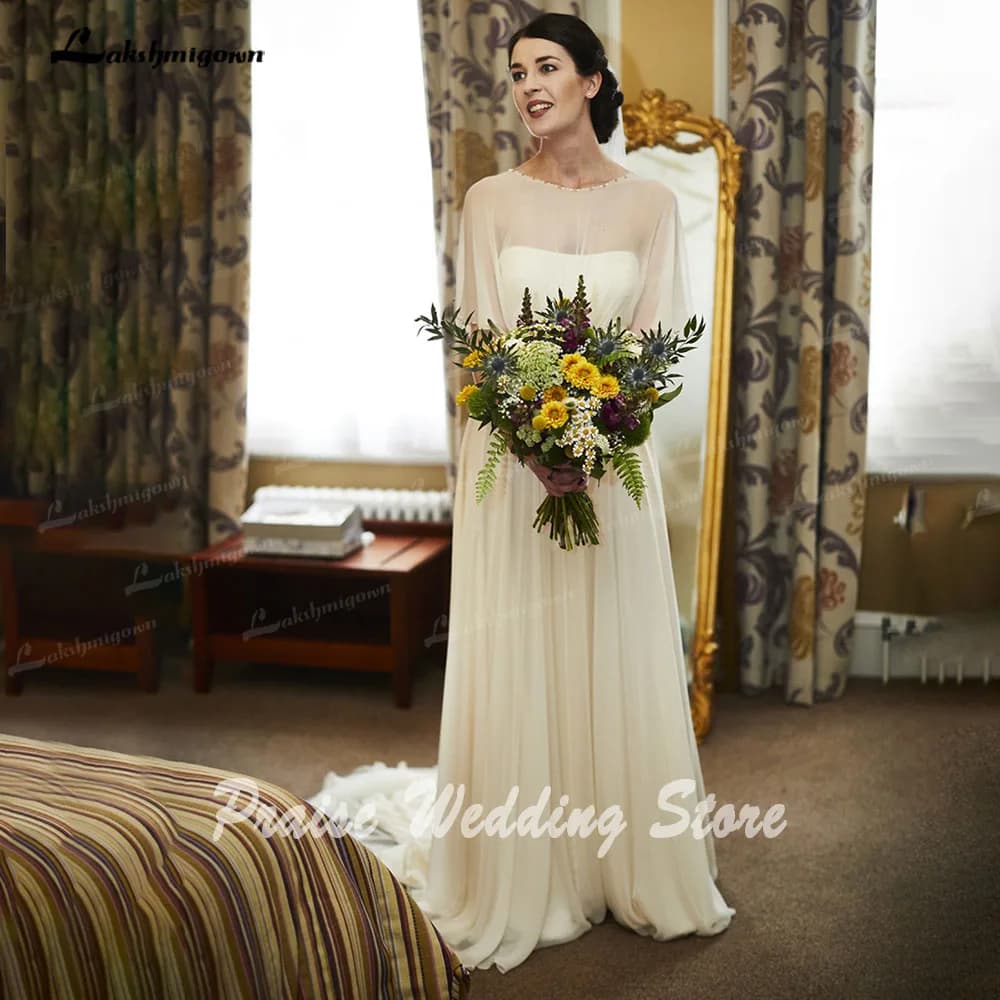 Lakshmigown Beadings Chiffon Boho Wedding Dress for Women 2024 Bridal Gown with Short Sleeve Custom Made robe de mariage Elegant