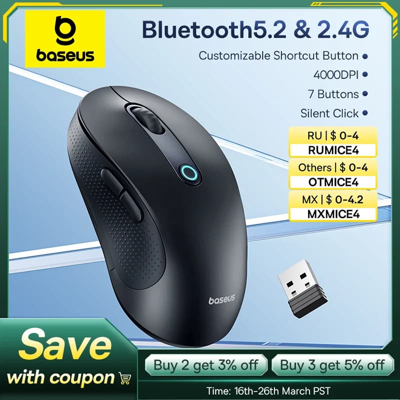 Baseus F02 Wireless Mouse Bluetooth 5.2 2.4G 4000DPI Ergonomic 7 Mute Buttons Mice for iPad MacBook Tablet Laptop Computer Mouse