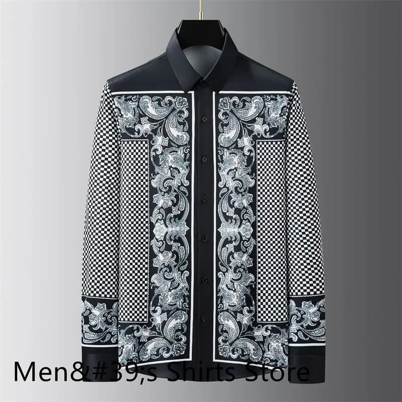 Luxury retro printed shirt men's slim fit long sleeve social banquet shirt high quality business casual men's wear