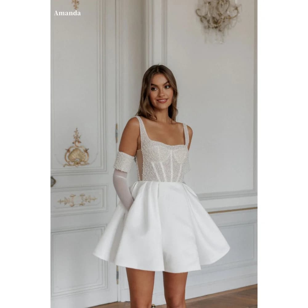 Amanda Customized White Spaghetti Strap Gloves Pearls robes de soirée Satin Backless Party Dresses Strapless A-line Prom Dress