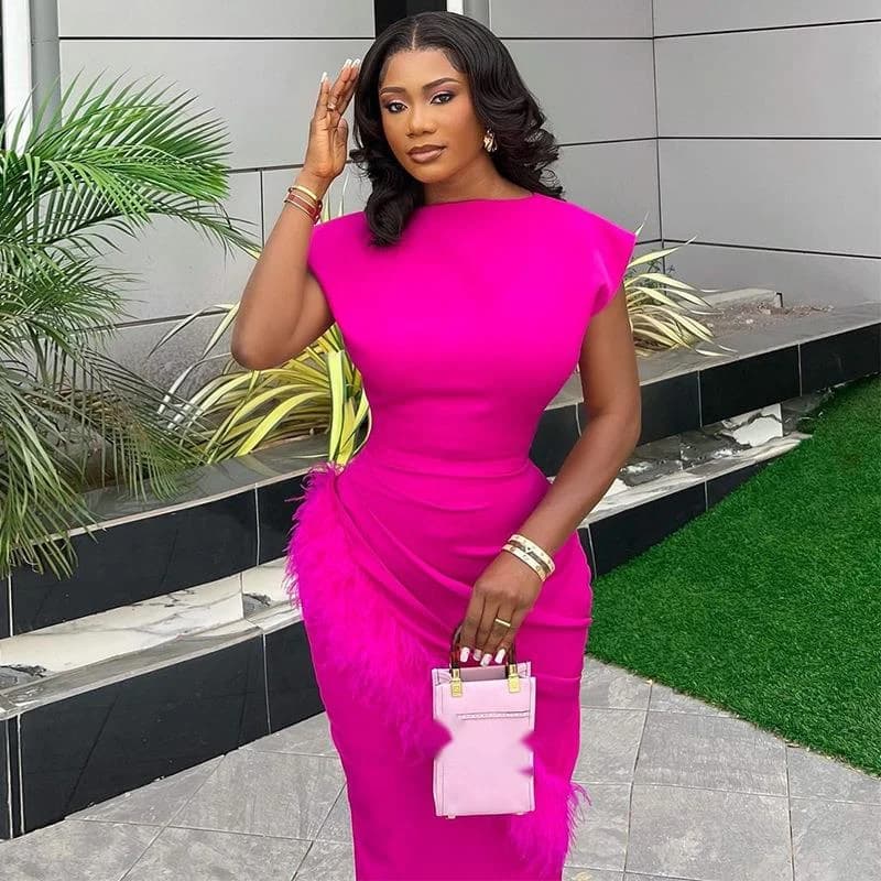 Women's bodycon dresses 2024 Summer New Fashion Short sleeved Solid Color Pleated Ragged Edge Slim Fit Mid length Party Dress