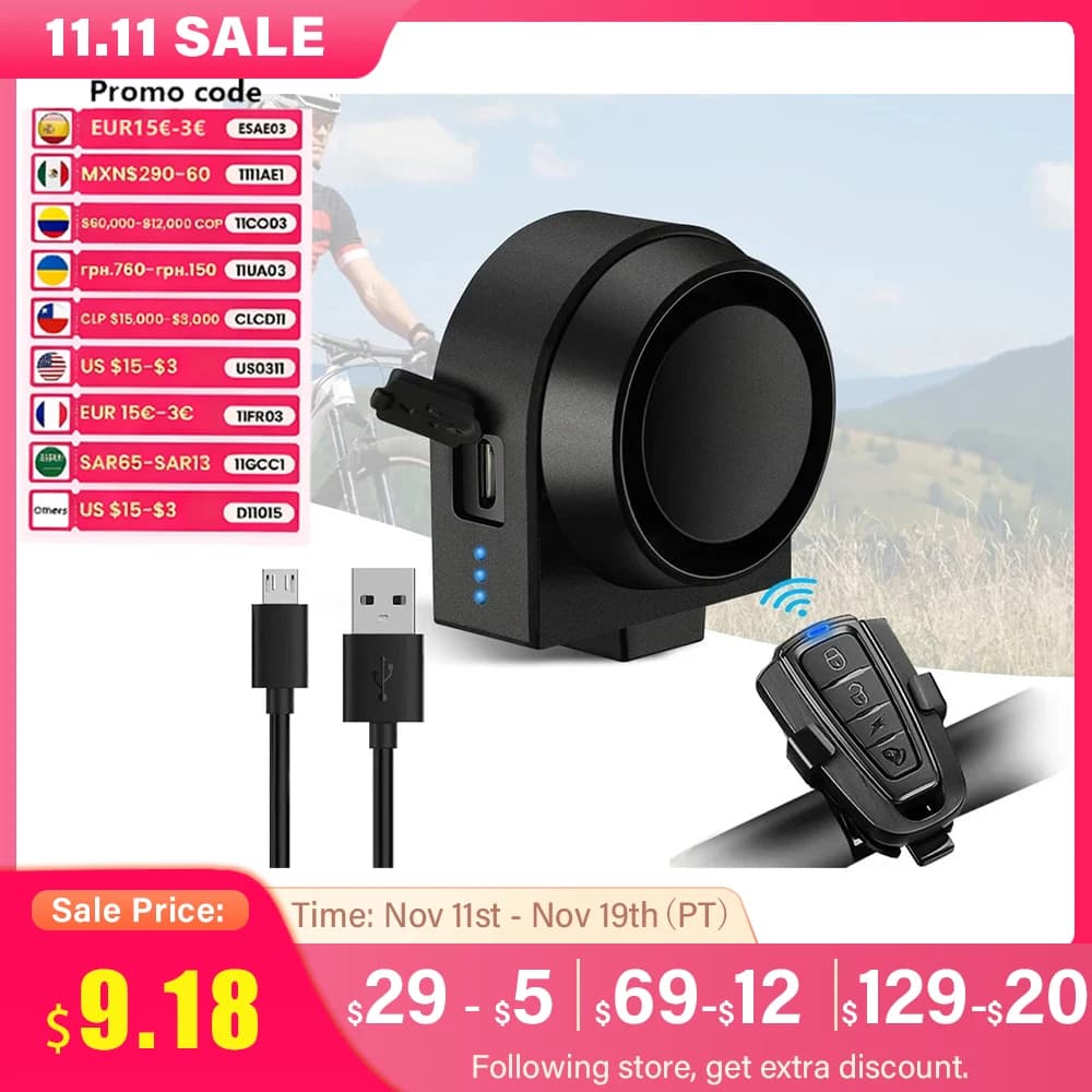 WSDCAM Bicycle Alarm Vibration Alarm Waterproof USB Charging Remote Control 110 dB Bike Motorcycle Alarm Security Protection