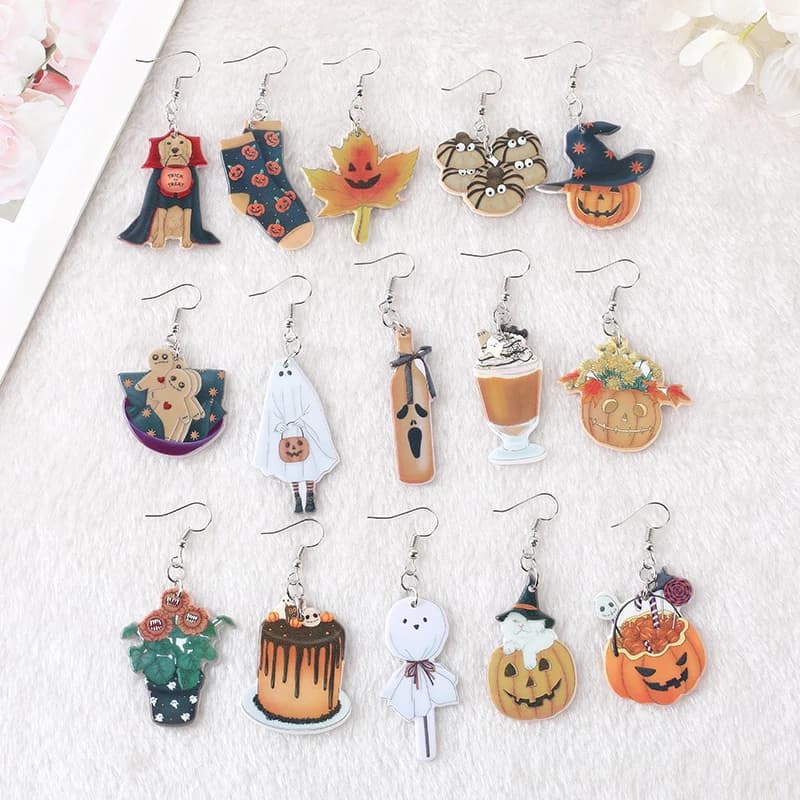 1 Pair Halloween Pumpkin Drop Earrings Acrylic Ghost Candy Cake Cannibal flower And Dog Flatback Jewelry Holiday Birthday Gifts