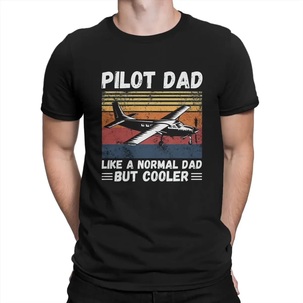 Pilot Dad Like A Normal Dad But Cooler Retro Sunset Pilot Dad T-Shirts for Men Airplane Lover Novelty 100% Cotton Tee Shirt