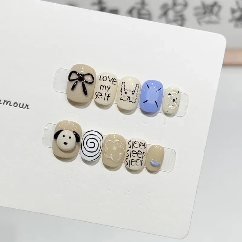 10Pcs /Set Full Cover False Nails Press on Nails Fake Nails Diy Pure Handmade Removable Bow Hello Dog Three-dimensional Relief