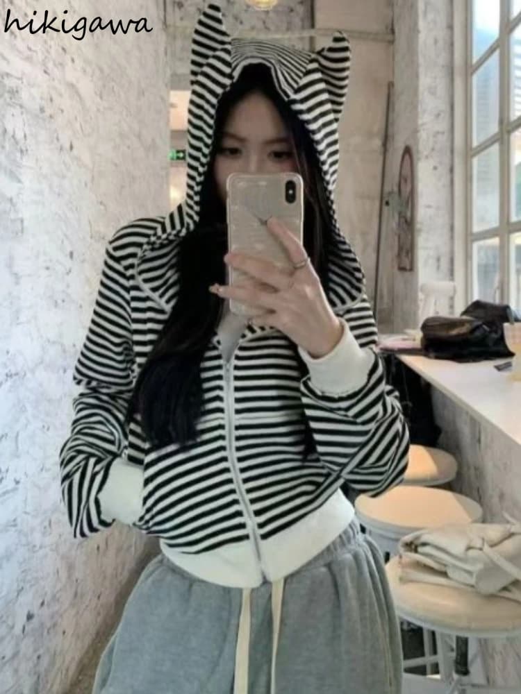 Zip Up Hoodies Women Clothing Hooded Casual Striped Coat Y2k Tops Fashion Cute Japanese Oversized Sweatshirts 2025 Ropa Mujer