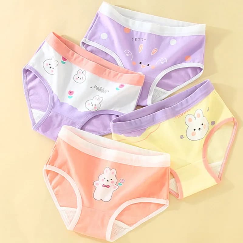 4PCS Kids Girls Cotton Antibacterial Briefs Maiden Thin Breathable Comfort Panties 3+y Young Child Cute Cartoon Print Underwears