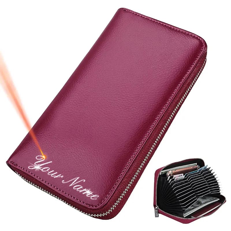 New RFID Women Long Wallets Genuine Leather Name Engraving Organ Card Holder Big Capacity Female Clutch Bag Wallet Phone Pocket