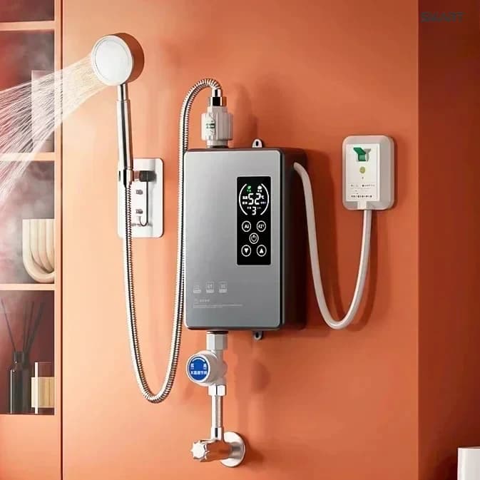Household Mini Compact instant water heater. Constant temperature and variable frequency. Fast heating for shower.