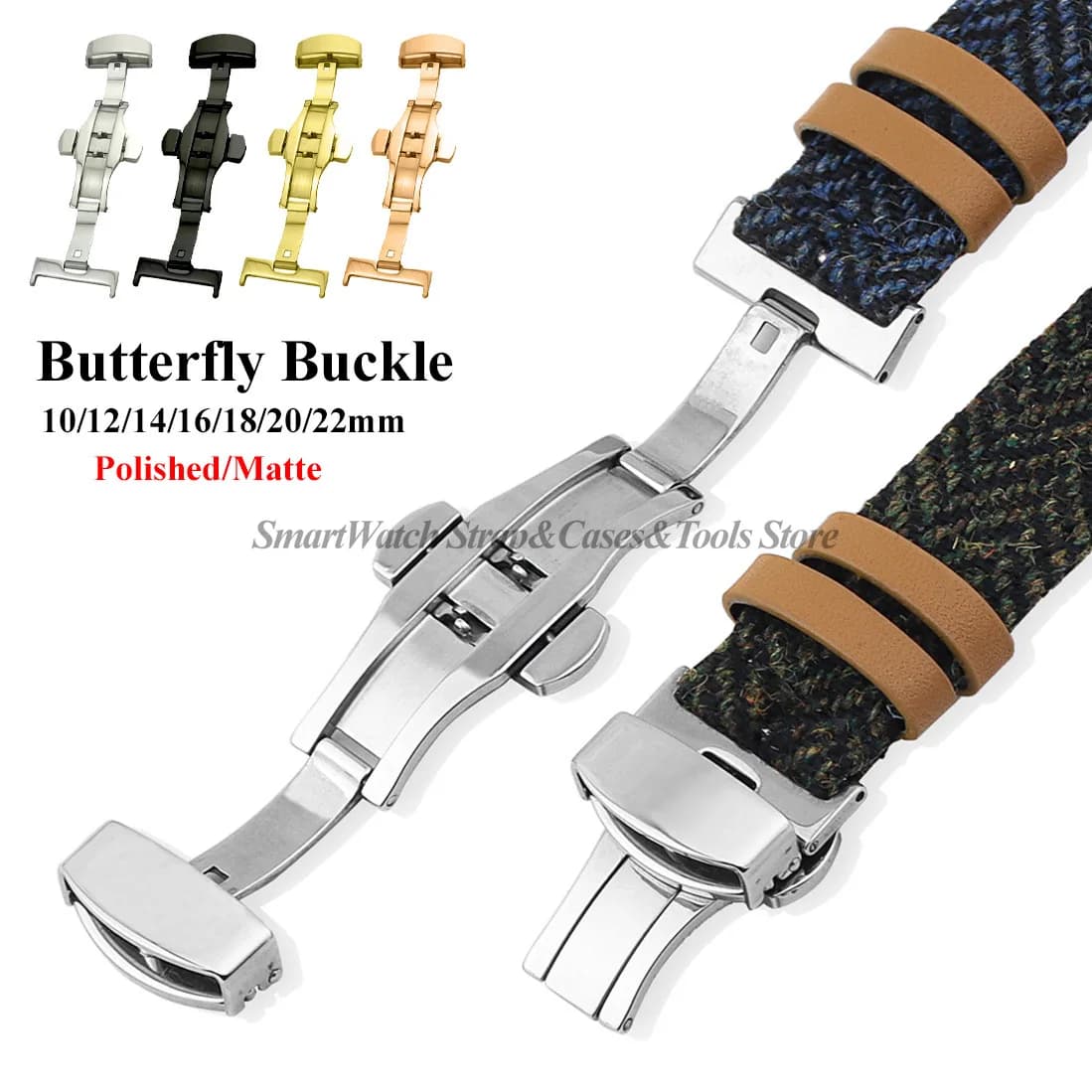Polish Matte Butterfly Fold Watch Buckle Stainless Steel Band Clasp 10 12 14 16 18 20 22mm Silver Black Rose Gold Watch Buttons