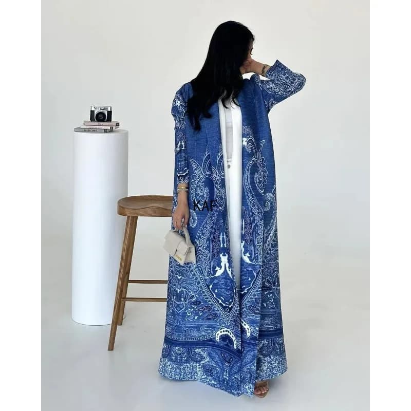 2024 Autumn New Women's Clothing Blue Printed Muslim Abaya Elegant Festival Clothing Long Sleeved Pleated Waistband Robe