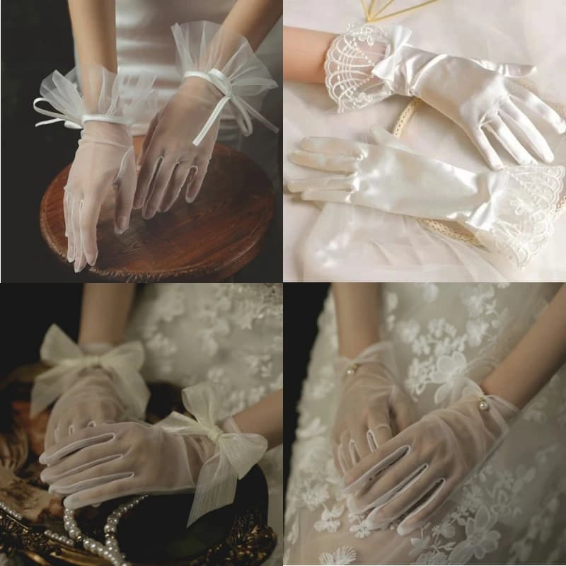 Exquisite Wedding Bridal Short White Lace Gloves Pearls Ruffle Edge Women Ladies Bride Bridesmaid Finger Wrist Handschuh