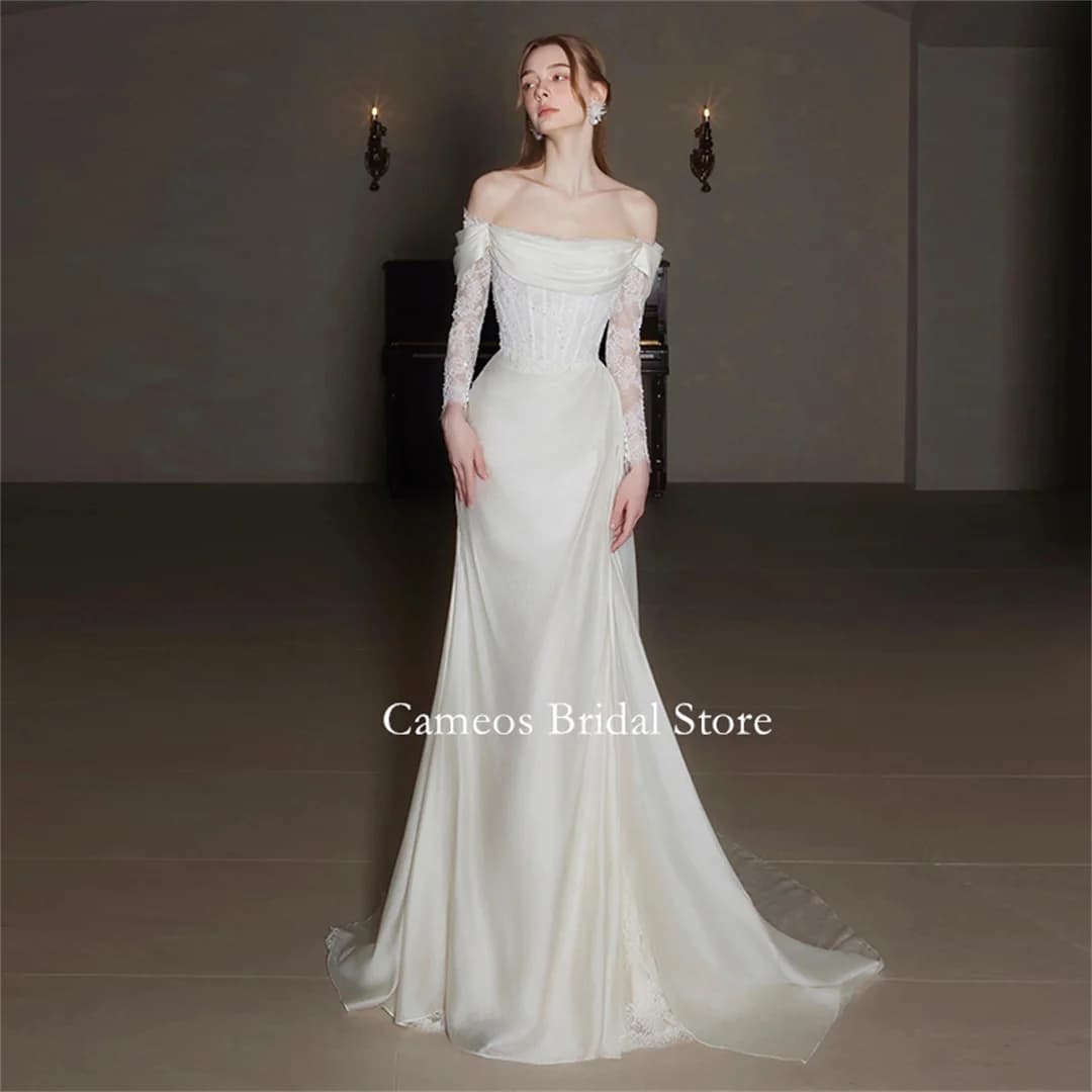 SONDR Off the Shoulder Fashion Korea Lace White Wedding Dresses Photo Shoot VINTAGE Satin Sweep Train Customized Bridal Gown