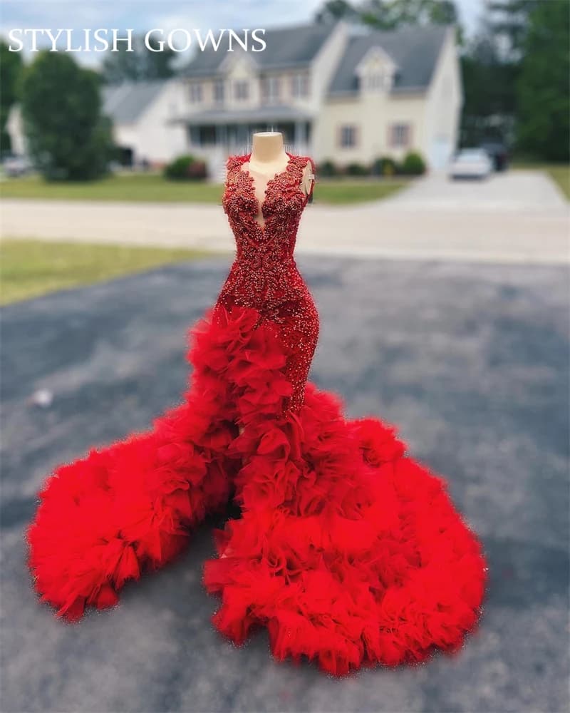 Red Long Prom Dress For Black Girls 2025 Beaded Crystal Birthday Party Dresses Ruffles Evening Gown Mermaid High Slit Customized