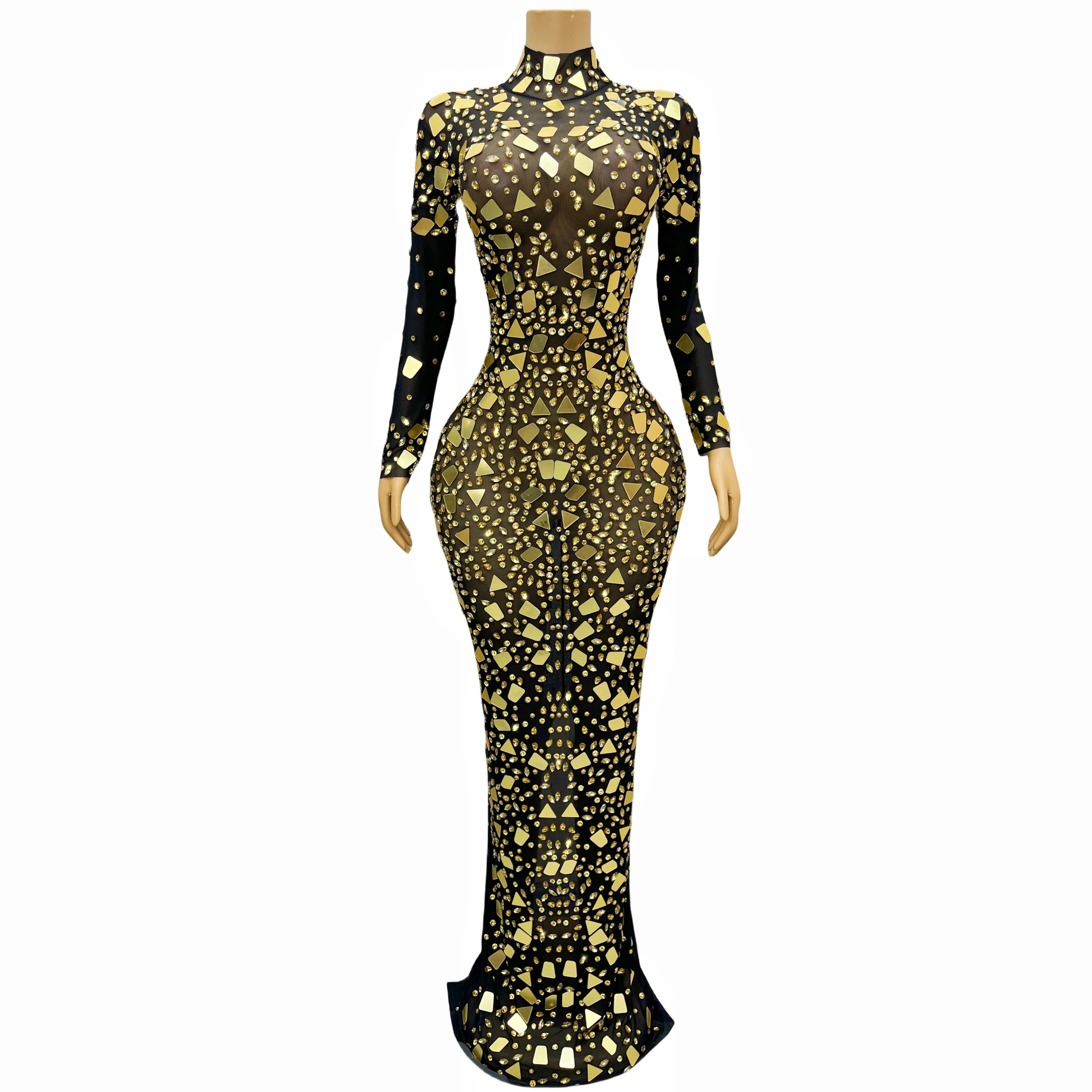 Mesh Transparent Costume Fancy Black Outfit Flashing Gold Mirrors Birthday Celebrate Rhinestones Long Sleeves Dress