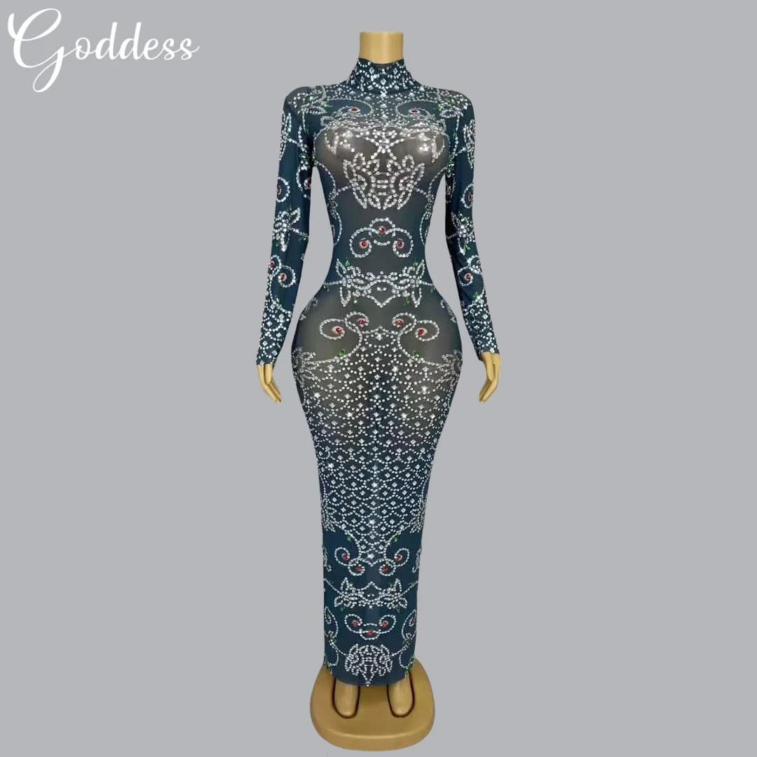 Sparkly Rhinestone Sexy Perspective Mesh Sparkling Diamond Long Dress Party Slim Evening Dress Long Sleeved Banquet Dance Dress
