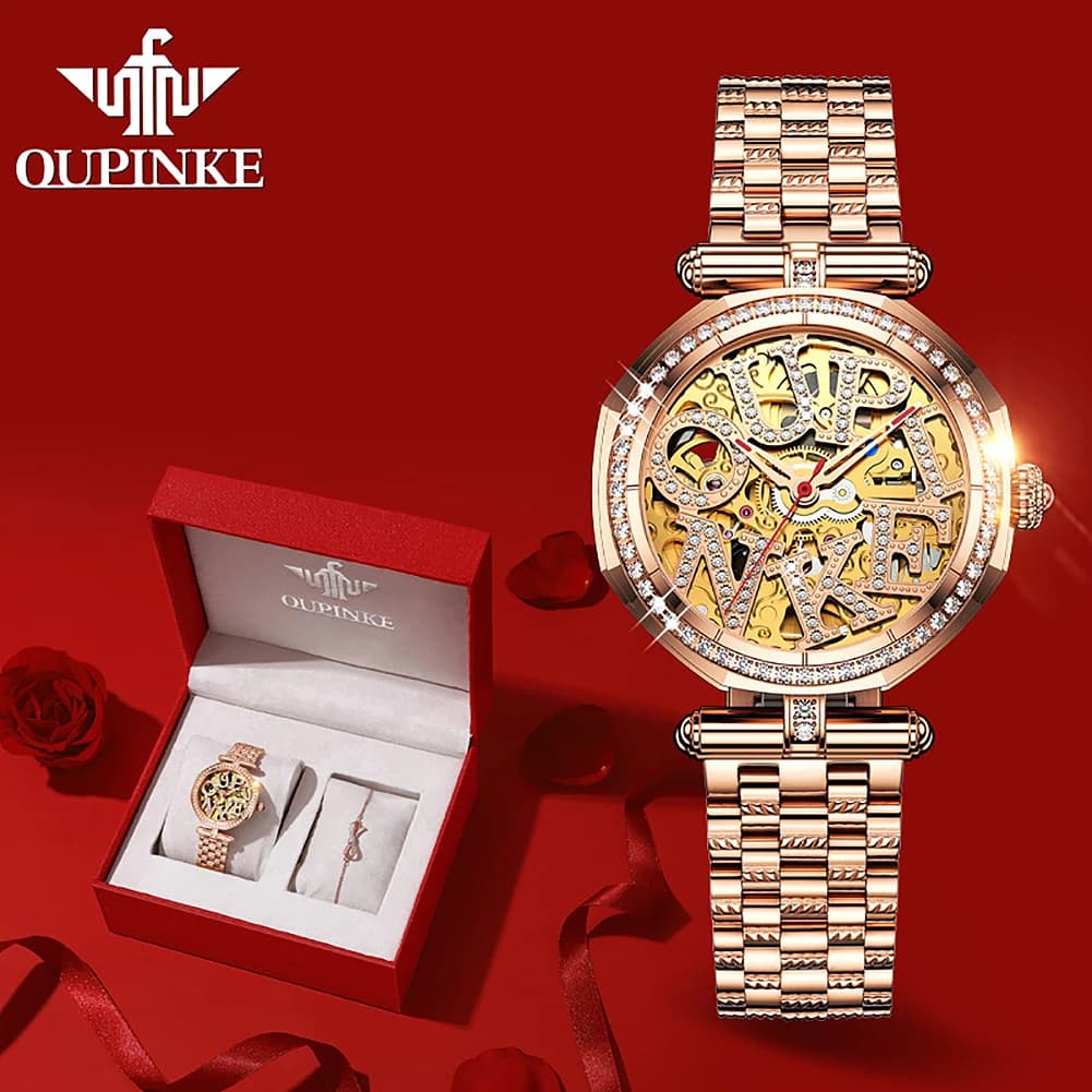 OUPINKE 3175 Top Brand Original Mechanical Watch For Women Hollow Diamond Dial Automatic Wrist Watches Fashion Luxury Hand Clock