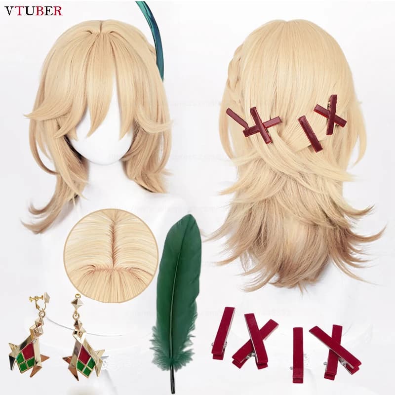 High Quality Kaveh Cosplay Wig Game Genshin Impact Kaveh Wig 50cm Long Linen Gold With Braid Heat Resistant Hair Wigs + Wig Cap