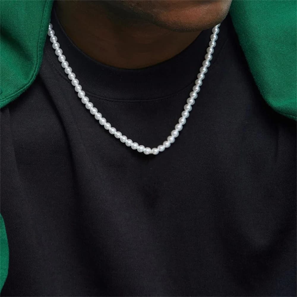 8MM Imitation Pearl Chain Necklace For Men Vintage Pearl Choker Simple Bead Necklace Hip Hop Jewelry Fashion Accessory