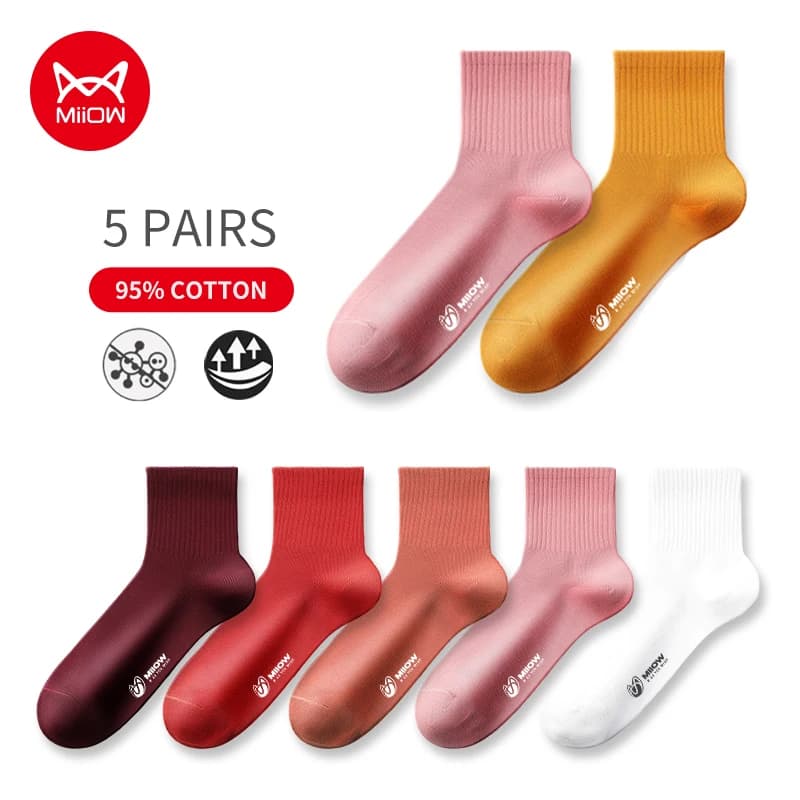 MIIOW 5Pairs Cotton Knitting Mid Tube Socks Harajuku Brand Antibacterial Socks Leisure Girls Cute White Socks Deodorant