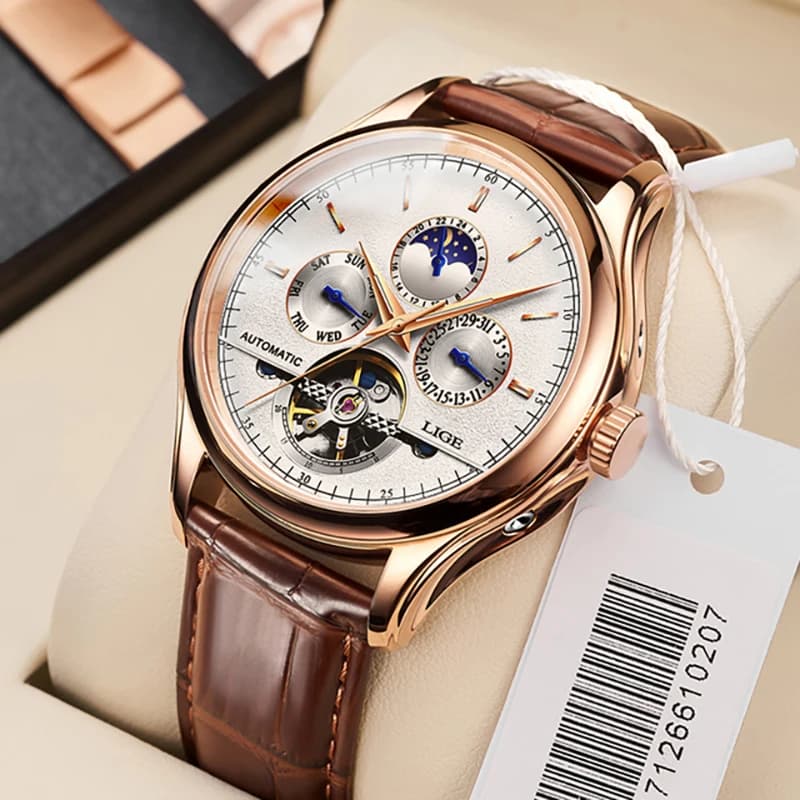 2025 LIGE Mens Watches Automatic Mechanical Watch Tourbillon Sport Clock Leather Casual Business Retro Wristwatch Relojes Hombre
